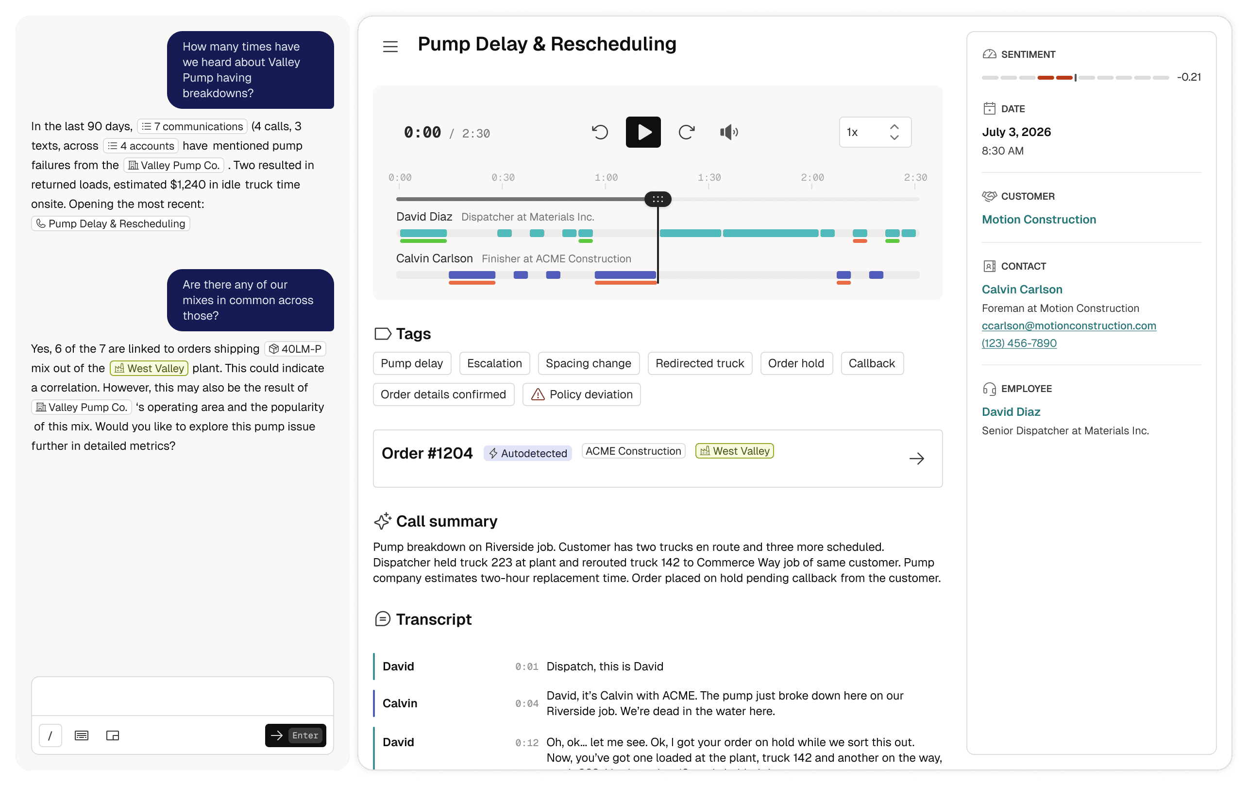 MaterialMotion platform view: a producer's orders, calls, and operational data connected in one view.
