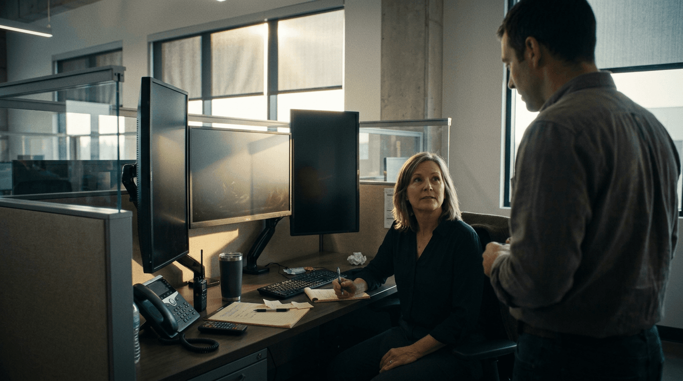 Office desk with a phone