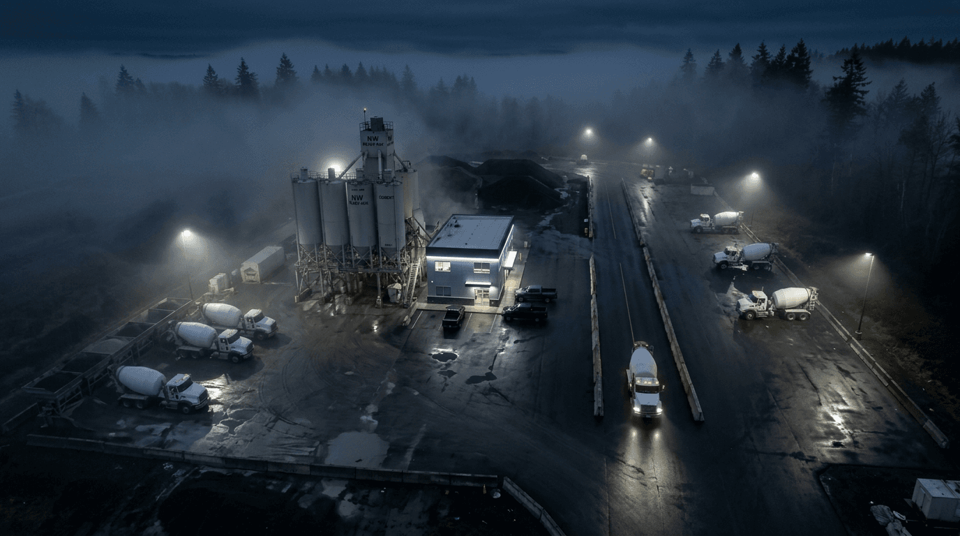 A concrete batch plant at night in fog, mixer trucks staged under lights.