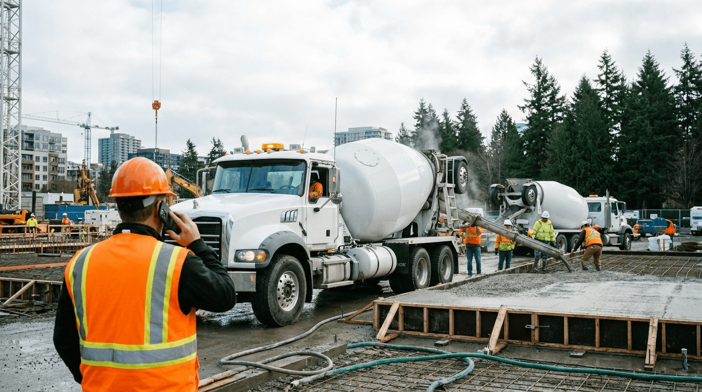A foreman on the phone at a multi-truck pour, the conversation that runs the operation.